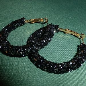 Textured Hoop Earrings, Black & Silver Sparkle, Gold Tone, New